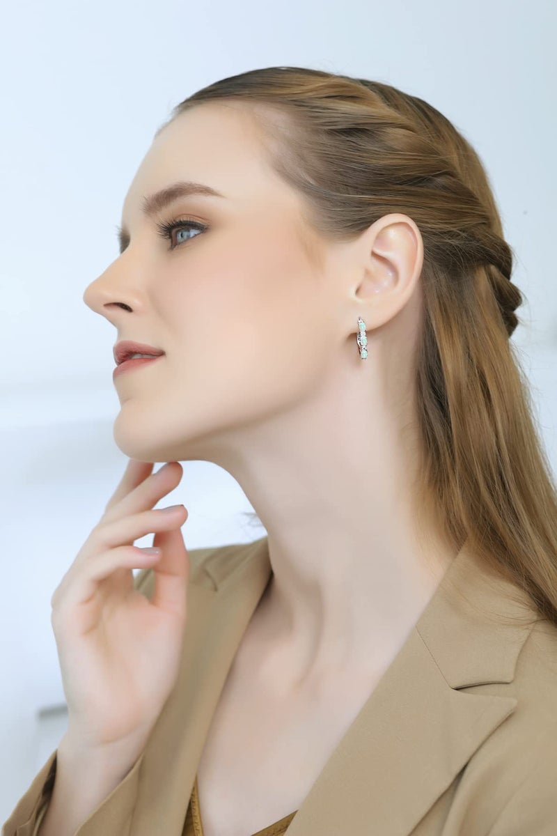 B. BRILLIANT Opal Earrings for Women Sterling Silver Hoops Princess-cut White Topaz & Oval Synthetic White Hoop Earring for Bridesmaids Fashion Trendy - Image 3